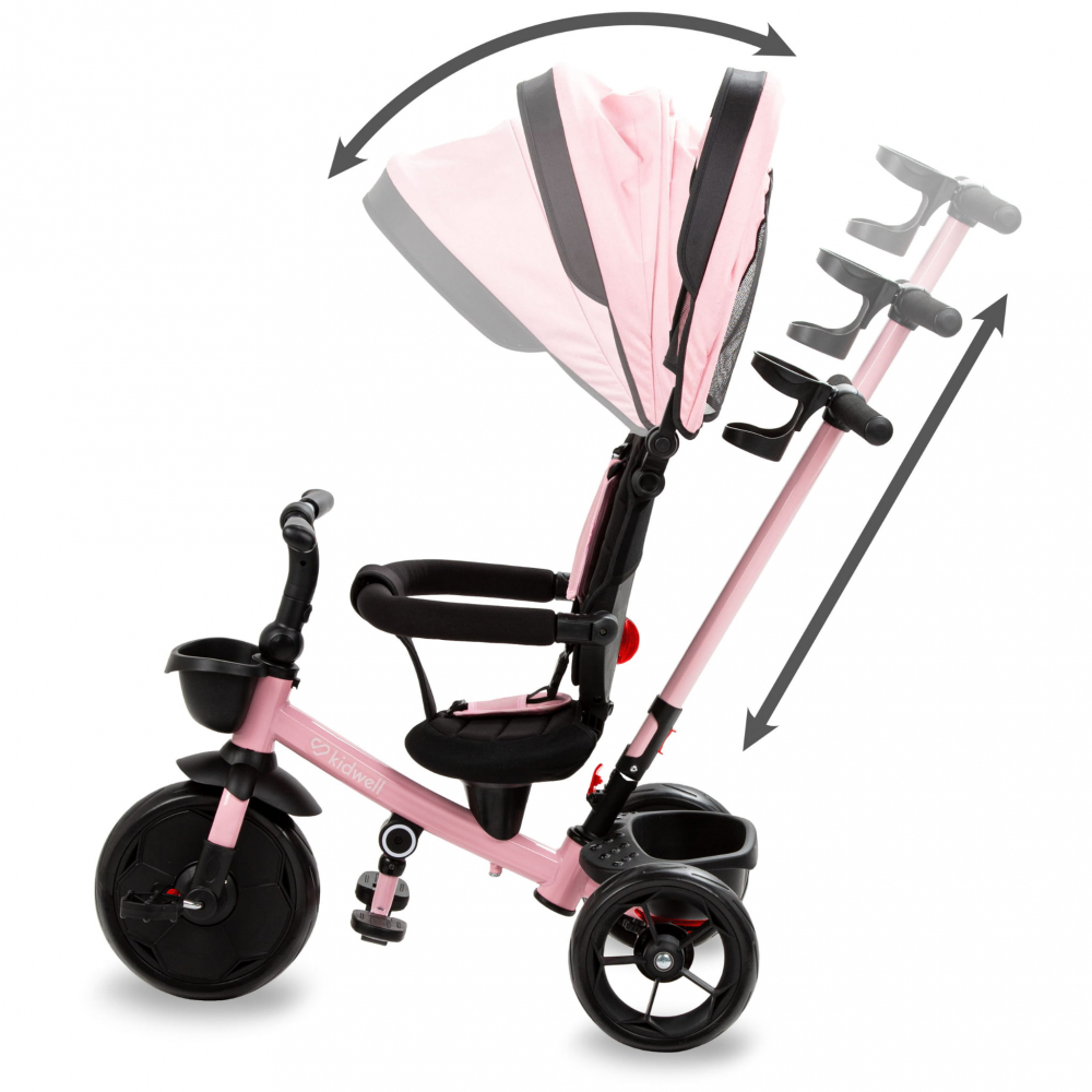 Tricicleta pentru copii Kidwell Axel Gri cu sezut rotativ, roti din spuma EVA, suport pentru picioare, control parental, suport pentru pahar, centura de siguranta, greutate admisa 25 kg, Roz [7]