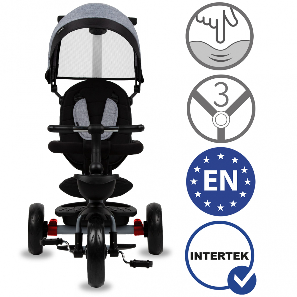 Tricicleta pentru copii Kidwell Axel Gri cu sezut rotativ, roti din spuma EVA, suport pentru picioare, control parental, suport pentru pahar, centura de siguranta, greutate admisa 25 kg, Gri [10]