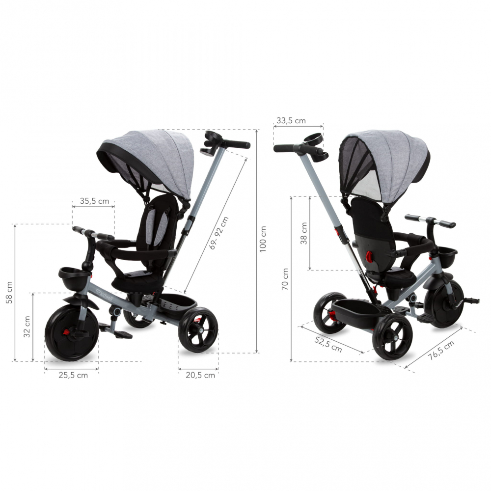 Tricicleta pentru copii Kidwell Axel Gri cu sezut rotativ, roti din spuma EVA, suport pentru picioare, control parental, suport pentru pahar, centura de siguranta, greutate admisa 25 kg, Gri [12]