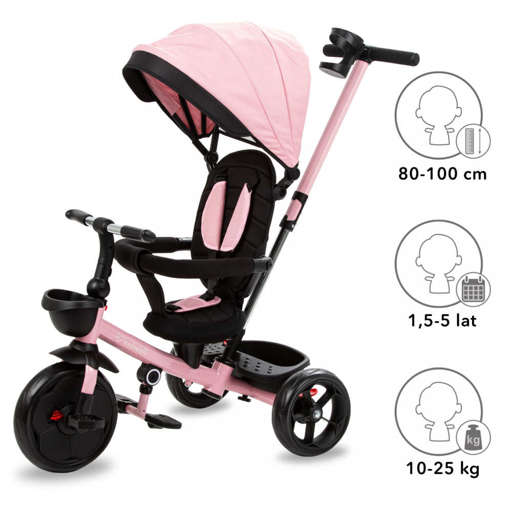 Tricicleta pentru copii Kidwell Axel Gri cu sezut rotativ, roti din spuma EVA, suport pentru picioare, control parental, suport pentru pahar, centura de siguranta, greutate admisa 25 kg, Roz [8]