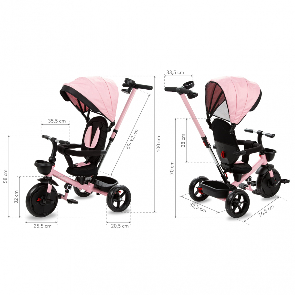 Tricicleta pentru copii Kidwell Axel Gri cu sezut rotativ, roti din spuma EVA, suport pentru picioare, control parental, suport pentru pahar, centura de siguranta, greutate admisa 25 kg, Roz [12]