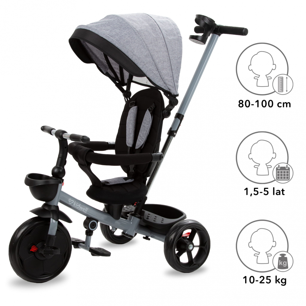 Tricicleta pentru copii Kidwell Axel Gri cu sezut rotativ, roti din spuma EVA, suport pentru picioare, control parental, suport pentru pahar, centura de siguranta, greutate admisa 25 kg, Gri [7]