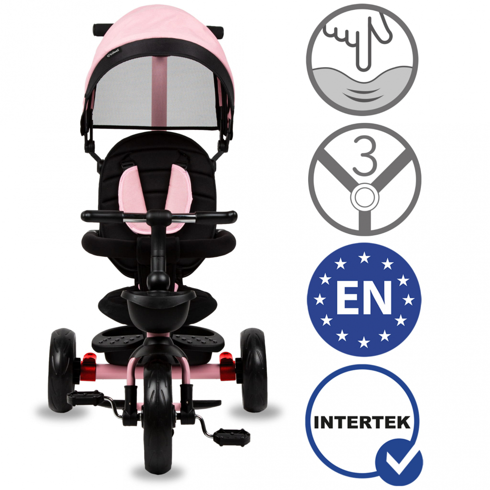 Tricicleta pentru copii Kidwell Axel Gri cu sezut rotativ, roti din spuma EVA, suport pentru picioare, control parental, suport pentru pahar, centura de siguranta, greutate admisa 25 kg, Roz [13]