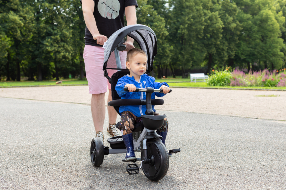 Tricicleta pentru copii Kidwell Axel Gri cu sezut rotativ, roti din spuma EVA, suport pentru picioare, control parental, suport pentru pahar, centura de siguranta, greutate admisa 25 kg, Roz [14]