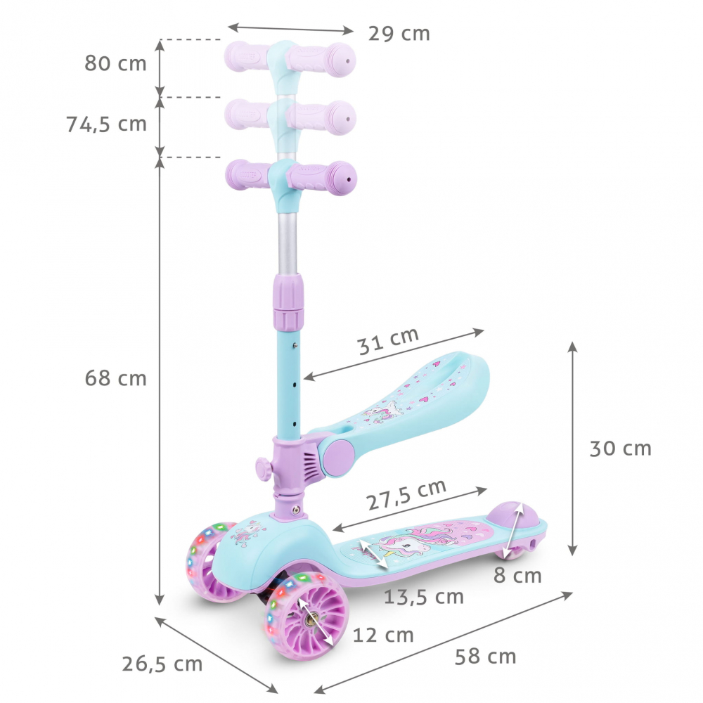 Trotineta copii cu sezut, transformabila 2in1, pliabila, cu lumini LED, Rimba Unicorn, 1-5 ani, pana la 50 kg, Kidwell [7]