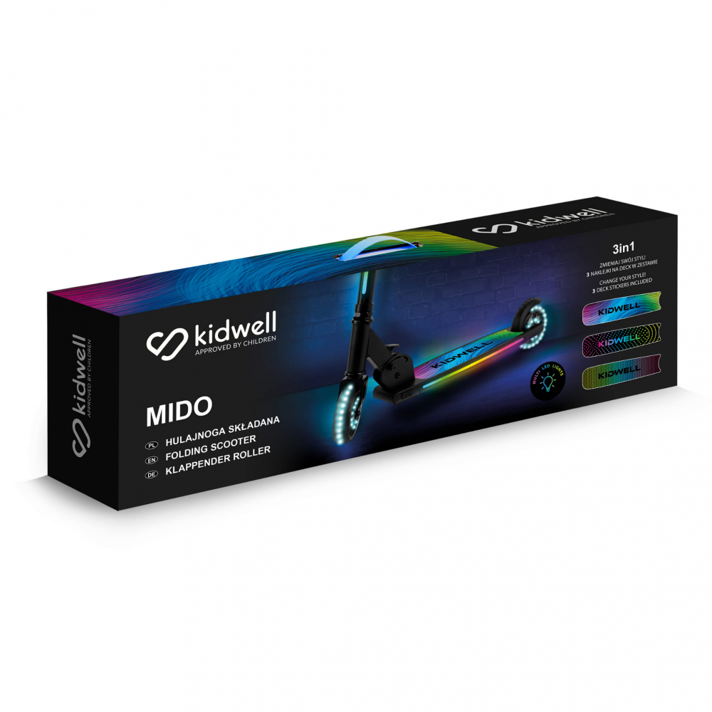 Trotineta cu 2 roti pentru copii, 3in1, pliabila, reglabila, cu iluminare LED încorporată, MIDO Black, 5 ani+, pana la 100 kg, Kidwell [8]