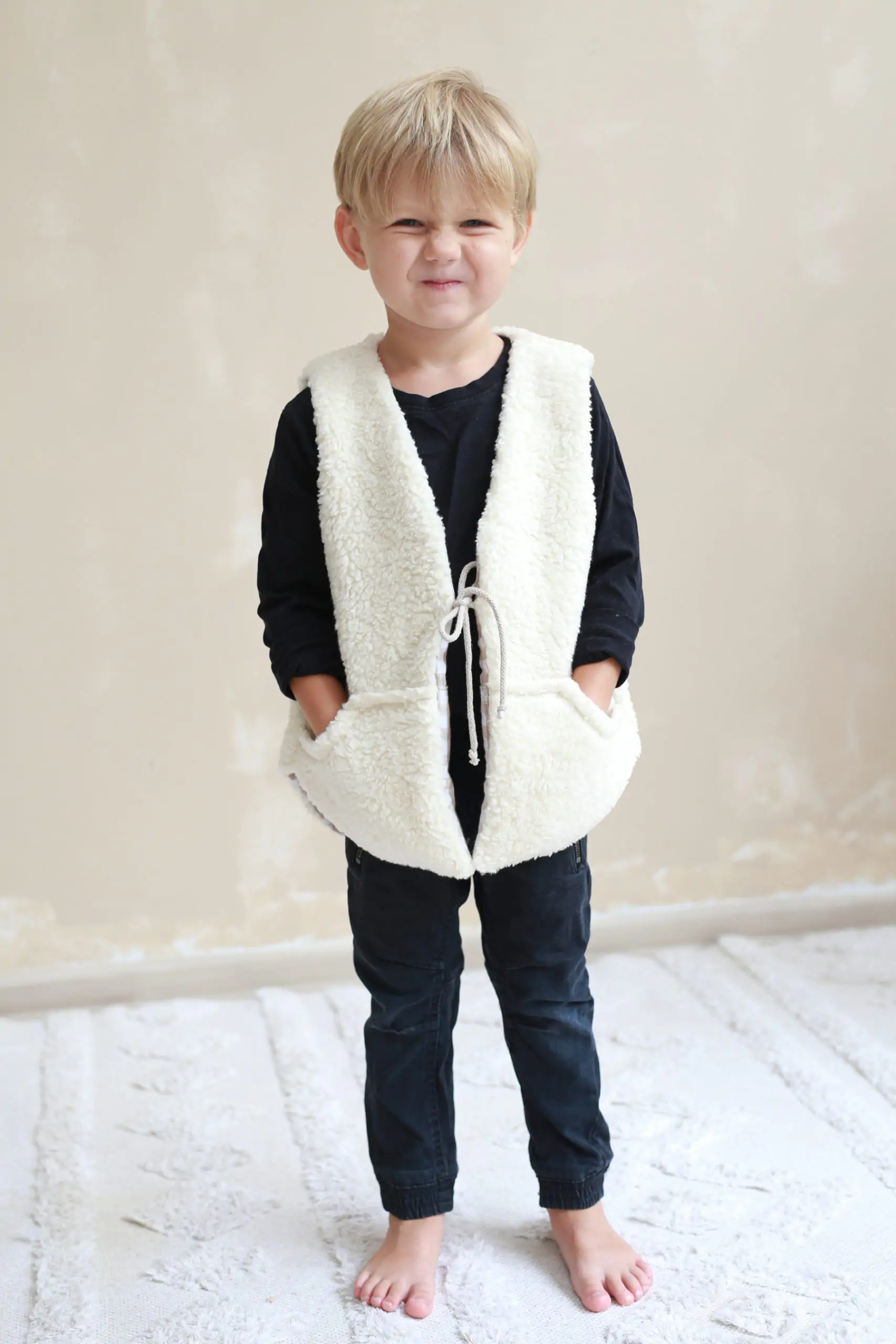 Vesta pentru copii, reversibila, dublat, muselina carouri Bej si tesatura bucle Crem, Teddy by BabyLy, 92/98, 1-3 ani [3]