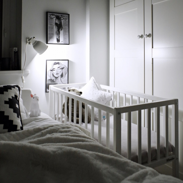 Patut mic, co-sleeping din lemn, Classic Alb cu Saltea Cocos Spuma Cocos 90 x 40 x 7 cm [18]