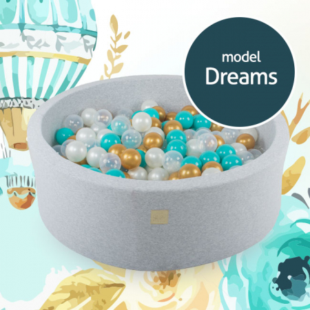 Piscine uscate cu bile colorate - Piscina uscata cu 250 de bile (Alb perlat, Transparent, Auriu, Turcoaz) MeowBaby®, Dreams, 90x40 cm, Gri deschis