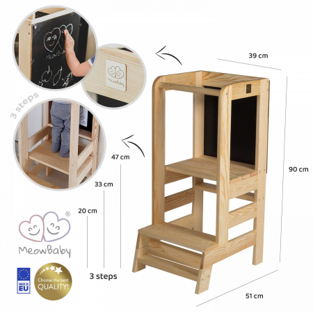 Inaltator Learning Tower Ajustabil cu tabla de scris, Ajutor de bucatarie MeowBaby®, lemn natur [10]