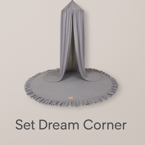 Black Friday - Set Dream Corner – Baldachin Pure Gri & Saltea Rotundă din Catifea Gri