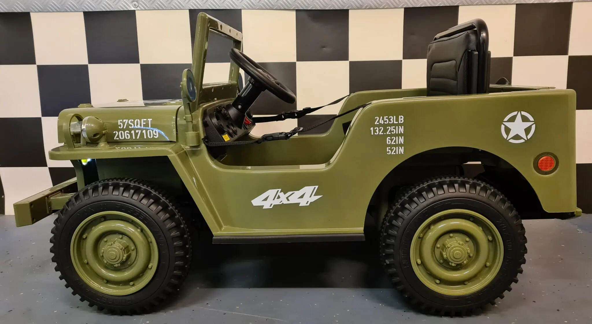 Jeep Electric pentru Copii Willy 12V Verde Militar, Design Retro – Telecomandă 2.4G, 4 Motoare | 3-5 Ani [7]