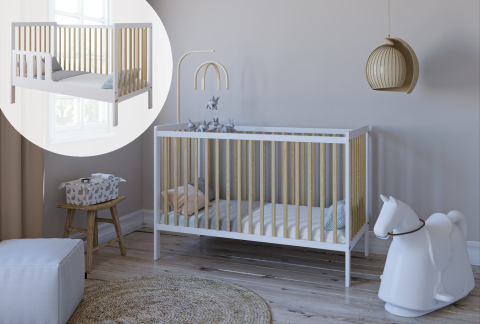 Patuturi lemn 120x60 cm - Pătuț 2 în 1 LUMI alb-natur 120x60 cm din Lemn, 3 niveluri somieră, Trepte detașabile + Barieră transformare