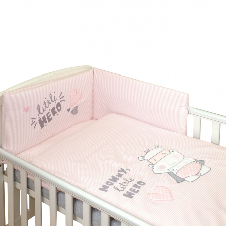 AMY - Lenjerie 3 piese Cu protectie laterala Little Hero din Bumbac, 120x60 cm, Roz [4]