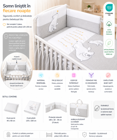 Lenjerii patut - AMY - Lenjerie 3 piese Cu protectie laterala Bear Heart din Bumbac, 120x60 cm, Gri