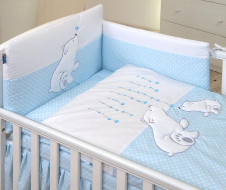 Lenjerii patut lux 127x63cm - AMY - Lenjerie 4 piese Cu protectie laterala Bear Heart din Bumbac, 120x60 cm, Blue