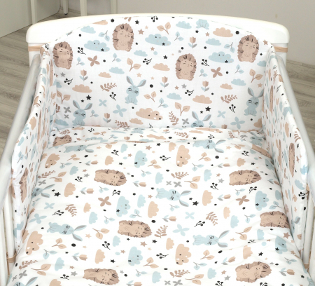 Camera copilului - Set lenjerie din bumbac cu protectie laterala pentru pat bebe 120 x 60 cm, Iepuras Blue, Amy