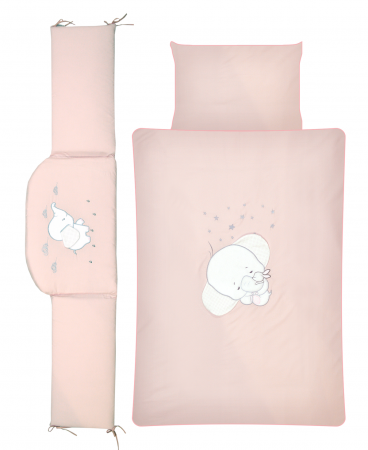 Camera copilului - AMY - Lenjerie 3 piese Cu protectie laterala Elefant din Bumbac, 120x60 cm, Roz