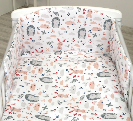 Camera copilului - Set lenjerie din bumbac cu protectie laterala pentru pat bebe 120 x 60 cm, Iepuras Roz, Amy