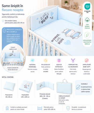 Lenjerii patut - AMY - Lenjerie 3 piese Cu protectie laterala Little Hero din Bumbac, 120x60 cm, Blue