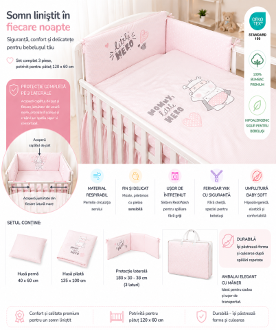 Lenjerii patut - AMY - Lenjerie 3 piese Cu protectie laterala Little Hero din Bumbac, 120x60 cm, Roz