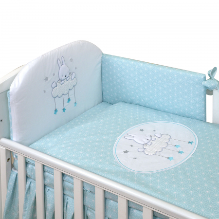 AMY - Lenjerie 3 piese Cu protectie laterala Sky Bunny din Bumbac, 120x60 cm, Turcoaz [2]