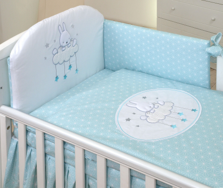 Lenjerii patut lux 127x63cm - AMY - Lenjerie 3 piese Cu protectie laterala Sky Bunny din Bumbac, 120x60 cm, Turcoaz