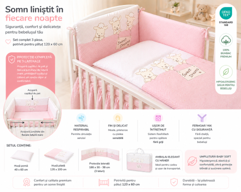 Lenjerii patut - AMY - Lenjerie 3 piese Cu protectie laterala Sweet Dreams din Bumbac, 120x60 cm, Roz