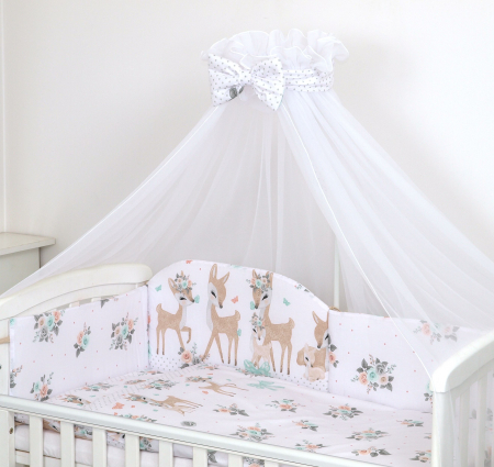 Set lenjerie din bumbac cu protectie laterala pentru pat bebe 120 x 60 cm, Caprioara Boho Alb, Amy [3]