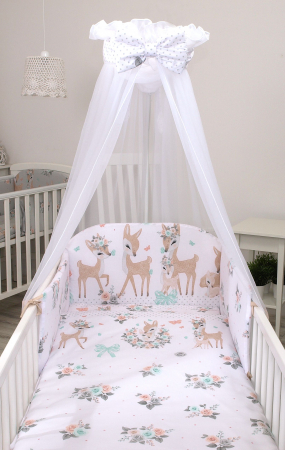 Set lenjerie din bumbac cu protectie laterala pentru pat bebe 120 x 60 cm, Caprioara Boho Alb, Amy [4]