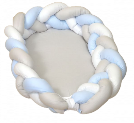 Camera copilului - AMY - Baby Nest si Bumper impletit, detasabile, 80 x 50 cm Alb Gri Blue