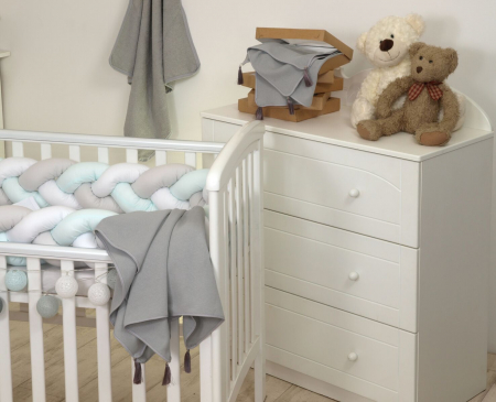 Aparatoare laterala pat Bumper impletit, Cu inchidere velcro, Bumbac Alb - Gri - Mint, 340x21 cm [5]