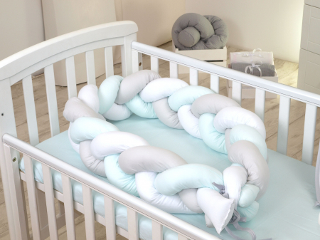 Aparatoare laterala pat Bumper impletit, Cu inchidere velcro, Bumbac Alb - Gri - Mint, 340x21 cm [6]