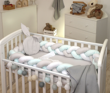 Aparatoare laterala pat Bumper impletit, Cu inchidere velcro, Bumbac Alb - Gri - Mint, 340x21 cm [2]