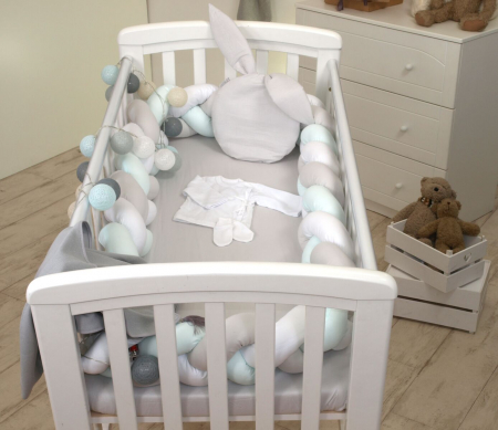 Aparatoare laterala pat Bumper impletit, Cu inchidere velcro, Bumbac Alb - Gri - Mint, 340x21 cm [1]