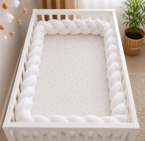 Apărătoare laterală pentru pătuț, bumper împletit cu închidere Velcro, bumbac, Alb, 340 x 21 cm – Amy [1]