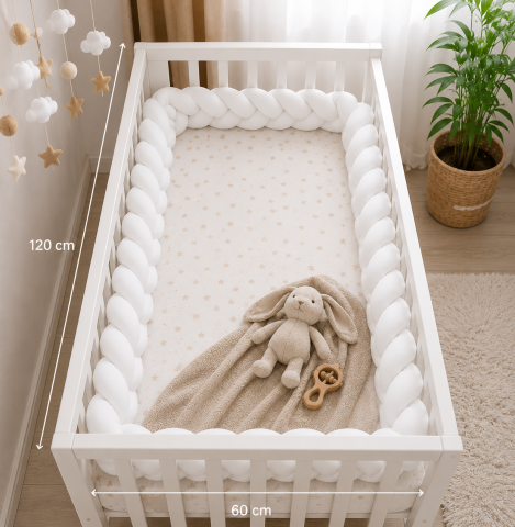 Aparatoare patut - Apărătoare laterală pentru pătuț, bumper împletit cu închidere Velcro, bumbac, Alb, 340 x 21 cm – Amy