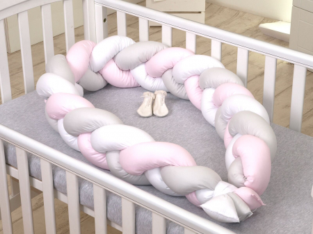 Lenjerii si huse patut - Aparatoare laterala pat Bumper impletit, Cu inchidere velcro, Bumbac, Alb - Gri - Roz, 180X21 cm