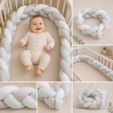Camera copilului - Apărătoare laterală pentru pătuț, bumper împletit cu închidere Velcro, Bumbac Alb – Gri – Mint, 180 x 21 cm – Amy