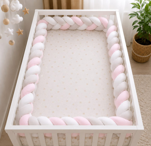 Camera copilului - Apărătoare laterală pentru pătuț, bumper împletit cu închidere Velcro, Bumbac Alb – Gri – Roz, 340 x 21 cm – Amy