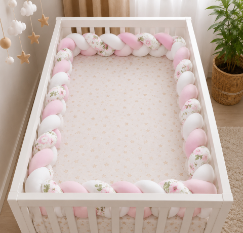 Aparatoare patut - Apărătoare laterală pentru pătuț, bumper împletit cu închidere Velcro, Bumbac Alb – Roz – Flori, 340 x 21 cm – Amy