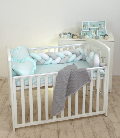 Aparatoare laterala pat Bumper impletit, Cu inchidere velcro, Bumbac, Alb - Gri - Mint, 180X21 cm [2]