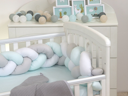 Aparatoare laterala pat Bumper impletit, Cu inchidere velcro, Bumbac, Alb - Gri - Mint, 180X21 cm [1]