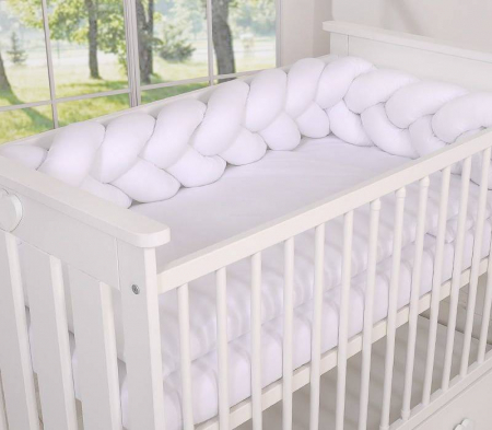 Lenjerii si huse patut - Aparatoare laterala pat Bumper impletit, Cu inchidere velcro, Bumbac, Alb, 180X21 cm