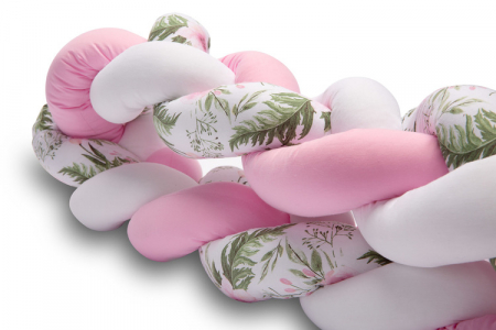Lenjerii si huse patut - Aparatoare laterala pat Bumper impletit, Cu inchidere velcro, Bumbac Alb - Roz - Flori, 340X21 cm