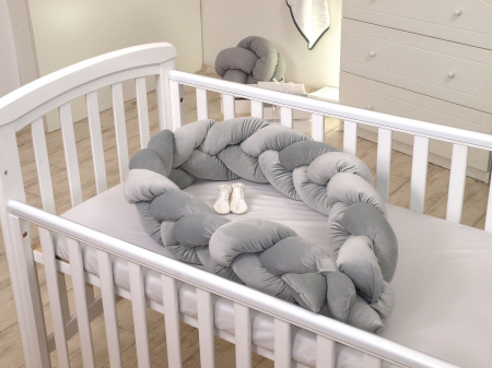 Lenjerii si huse patut - Aparatoare laterala pat Bumper impletit, Cu inchidere velcro, Bumbac Velvet Gri, 210x21 cm