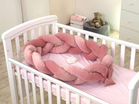 Lenjerii si huse patut - Aparatoare laterala pat Bumper impletit, Cu inchidere velcro, Bumbac Velvet Roz, 180x21 cm