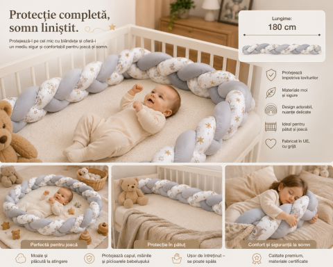 Aparatoare patut - Apărătoare laterală pentru pătuț, bumper împletit cu închidere Velcro Premium, Circ Roz, 180 x 21 cm – Amy
