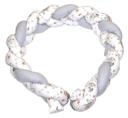 Jucarii educative - Amy-Aparatoare laterala pat Bumper impletit, inchidere velcro, Bumbac Circ Blue, 180X21 cm