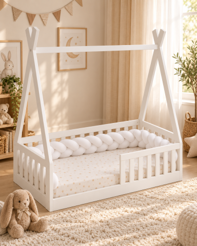 Aparatoare patut - Apărătoare laterală pentru pătuț, bumper împletit cu închidere Velcro, bumbac, Alb, 340 x 21 cm – Amy